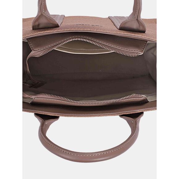 David Jones Contrast Leather Handles Zipper Closure Canvas Tote Handbag | Black - Picture 5 of 6